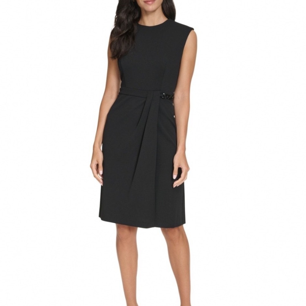 Calvin Klein Sheath Dress Womens 14 New Black Pleated Chain Detail MSRP $134